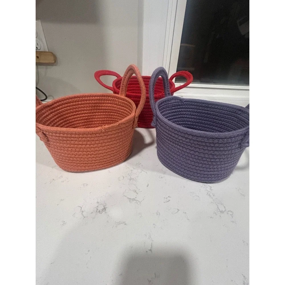 Set of 3 Woven Cotton Rope Baskets Small Oval Storage Bins w/ Handles Multicolor